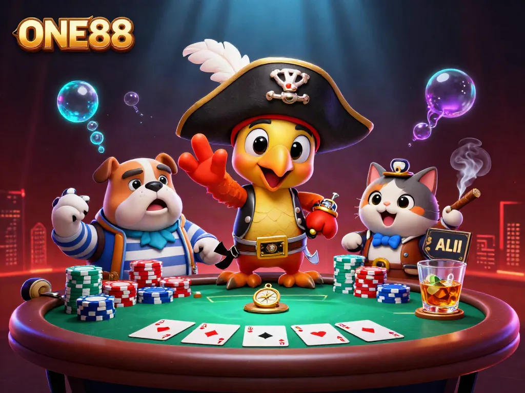 ONE88 pirate-themed casino scene with vibrant poker elements and engaging characters.