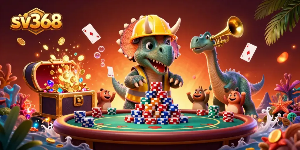 Experience sv368 gambling excitement with a dynamic scene of playful dinosaurs celebrating with poker chips.