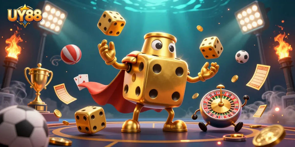 Experience thrilling sports betting action with UY88's vibrant 3D casino scene showcasing dynamic elements.