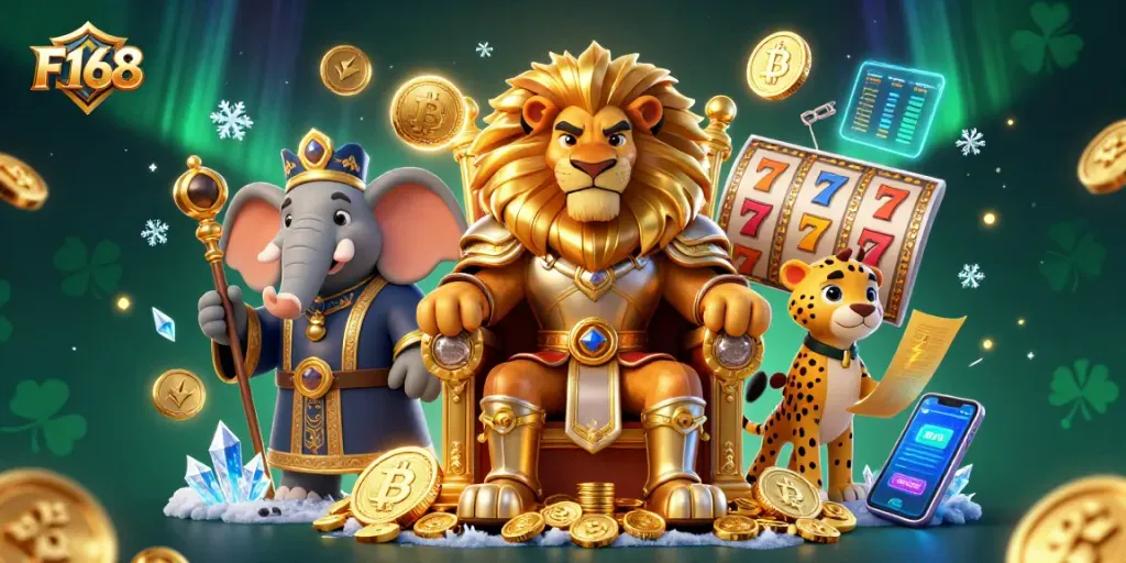 F168 offers thrilling jackpot chances with vibrant slot reels, radiant coins, and a majestic lion king illustration.