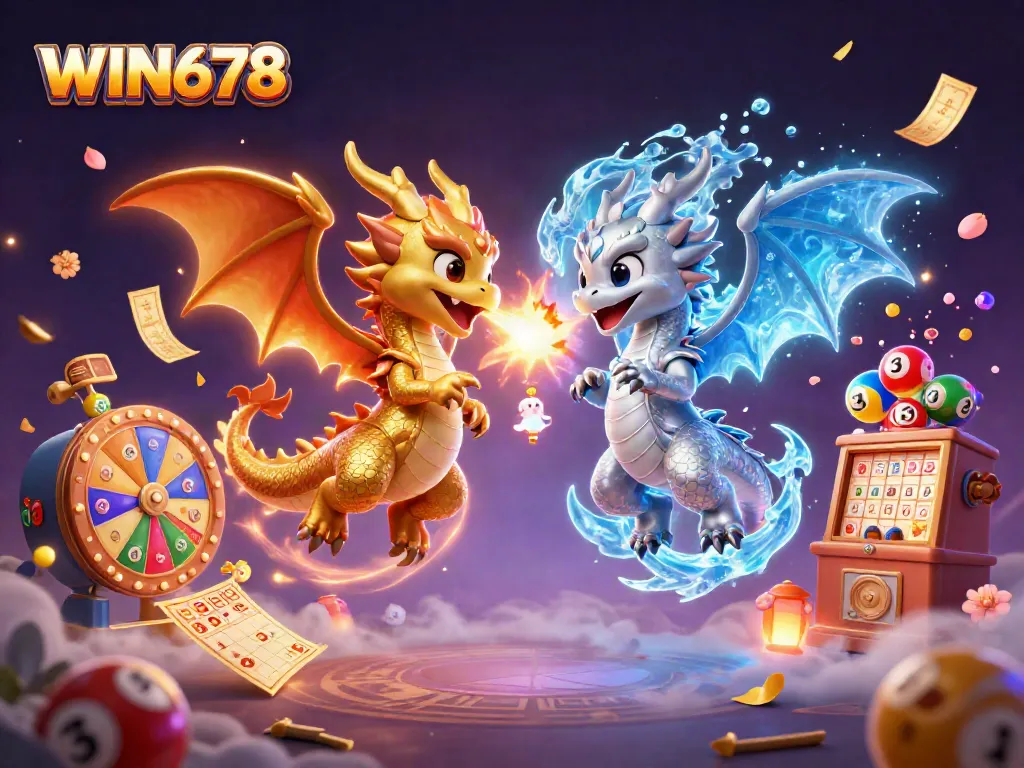 Experience thrilling gameplay at WIN678 with vibrant dragons, gaming elements, and magical energy.