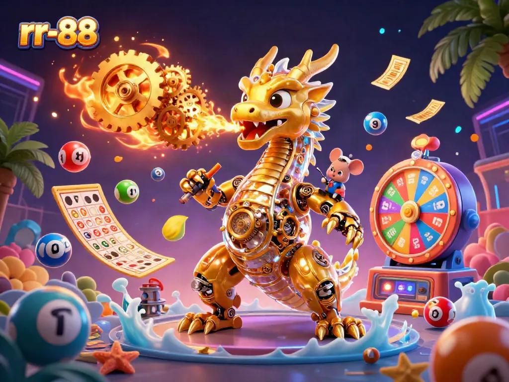 Breathe life into winning possibilities at rr-88 with this vibrant 3D casino illustration showcasing a golden dragon and colorful game elements.