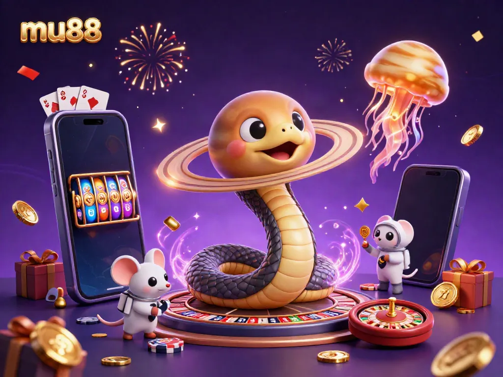 Experience the thrills of mu88 with a vibrant 3D casino scene featuring astronauts and cosmic dealers.