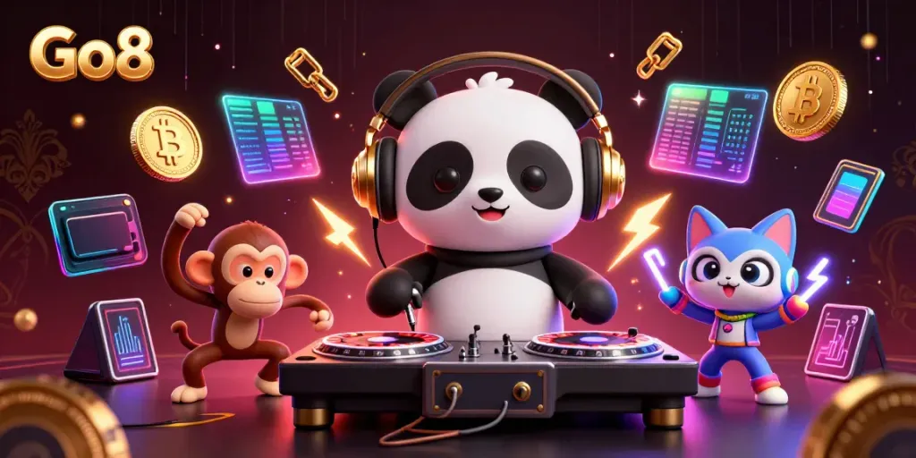 Go8 featured illustration shows a DJ panda, dancing monkey, and rave kitten in an energetic casino scene.
