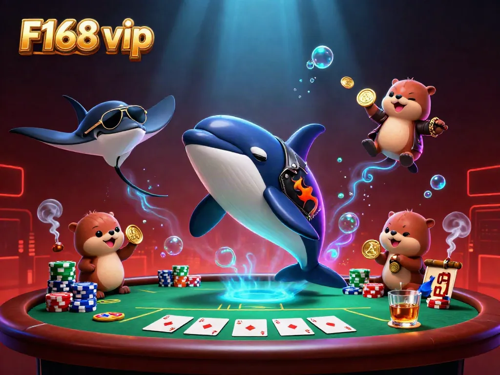 Experience the thrilling fun at F168 vip with 3D characters enjoying poker and winning golden coins.