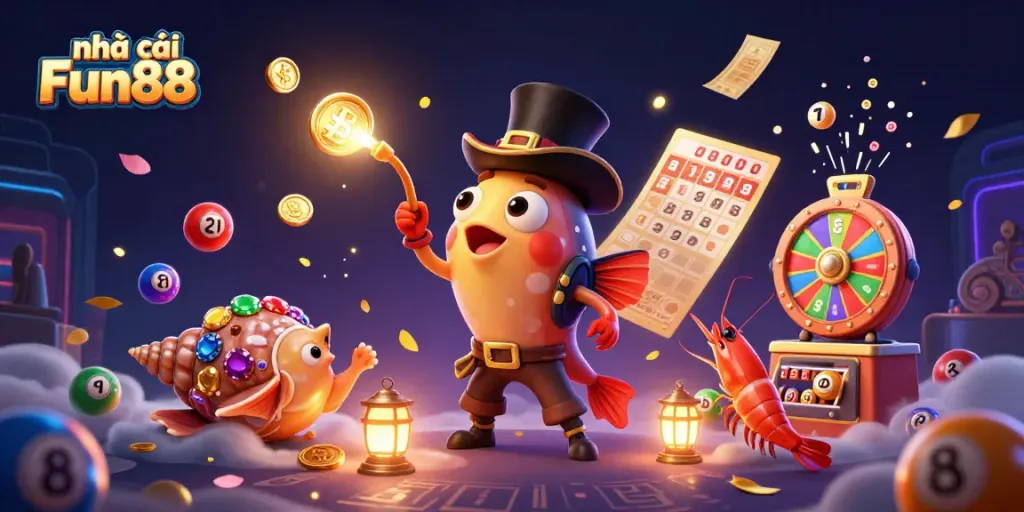 Engage in the fun with nhà cái Fun88 as glowing coins are attracted by an anglerfish surrounded by vibrant casino elements.