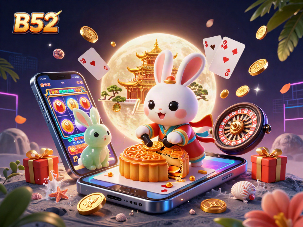 B52 gamblers spin colorful slots while a moon rabbit reveals poker chips amid festive casino elements.