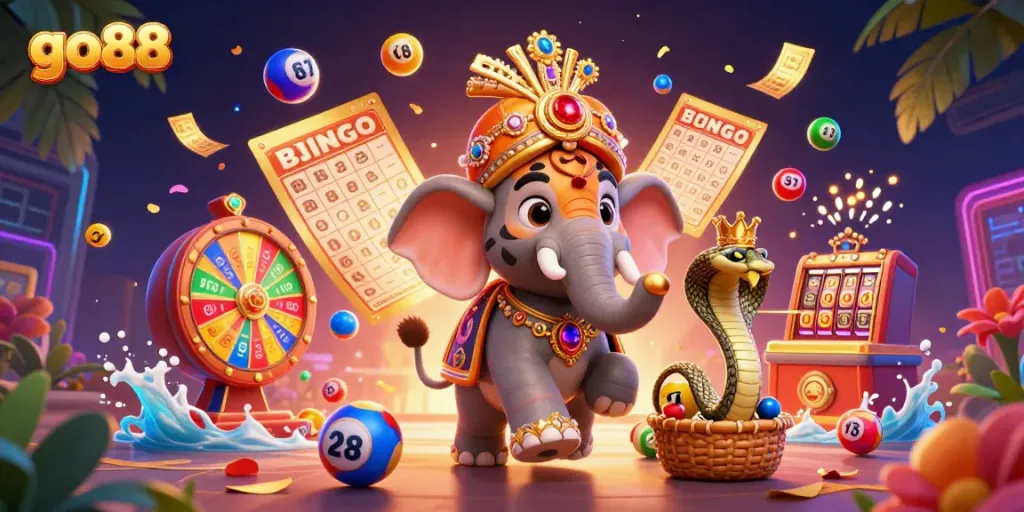 Experience dynamic gaming excitement with go88's vibrant lottery scene featuring animated characters.