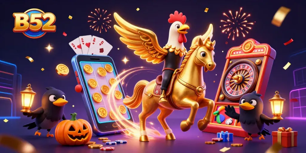 Engage with the B52 casino experience amid a vibrant gaming scene with festive elements and rich detail.
