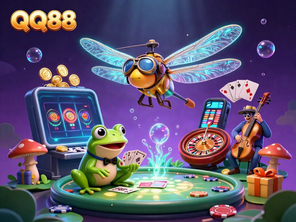 Experience exciting gameplay at QQ88 with vibrant 3D casino elements including a helicopter pilot and frog croupier.