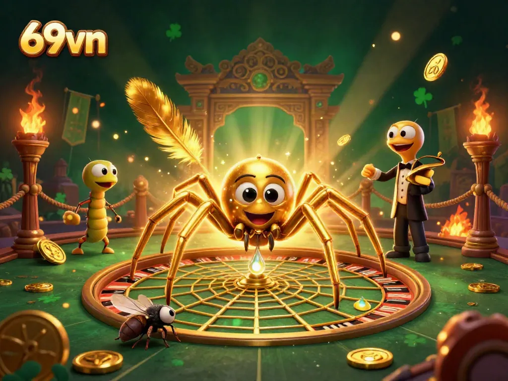 Engage with 69vn's vibrant casino atmosphere illustrated through a golden spider and croupier.