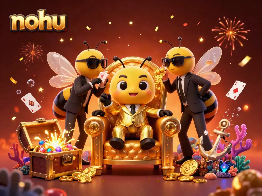 Engage in nohu gaming excitement surrounded by vibrant treasures and characters in a lively illustration.
