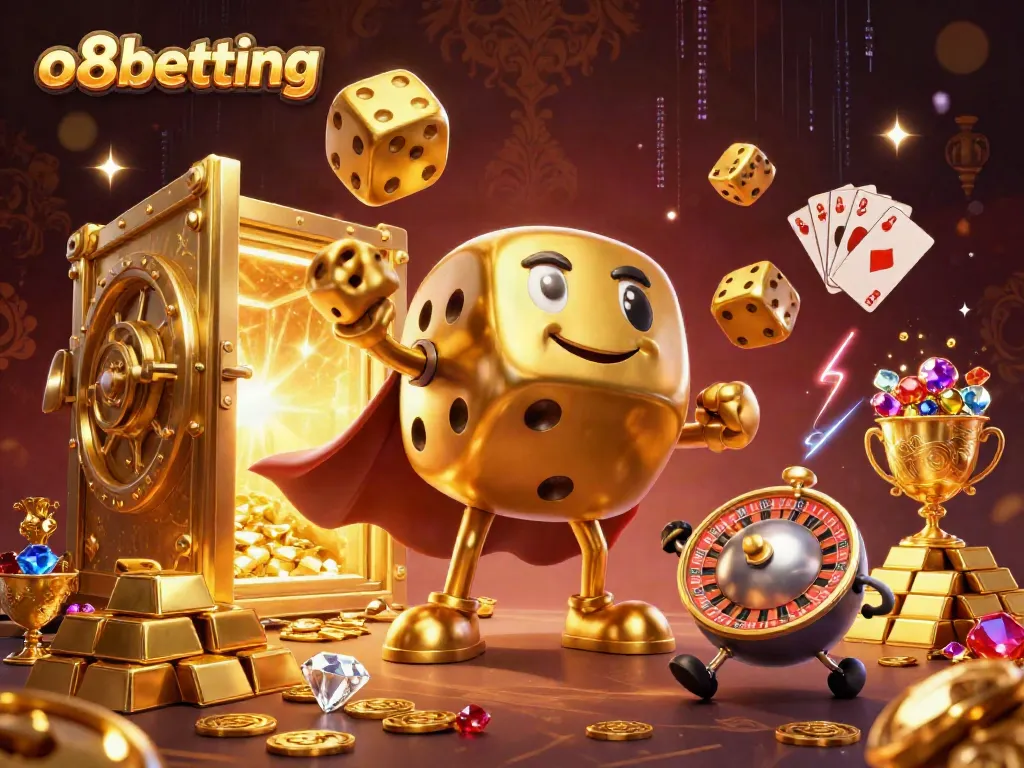 Experience exhilarating fun at o8betting with a cartoon dice golem and golden treasures.