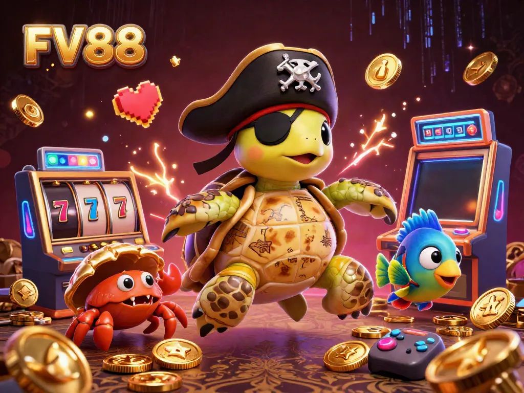 Experience thrilling slot adventures with FV88's vibrant characters and gaming elements in a 3D casino scene.