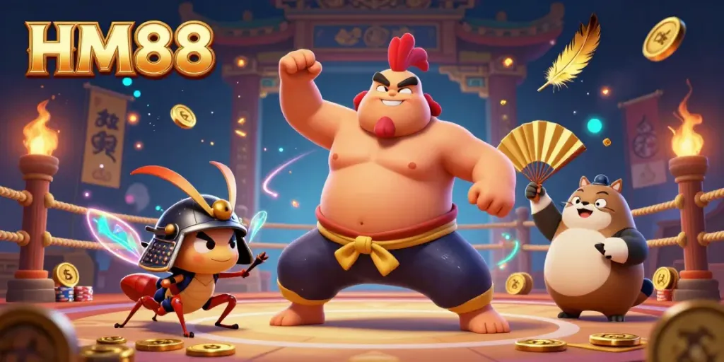 Experience thrilling gameplay at HM88 with a dynamic sumo wrestler rooster and samurai cricket in an exciting casino atmosphere.