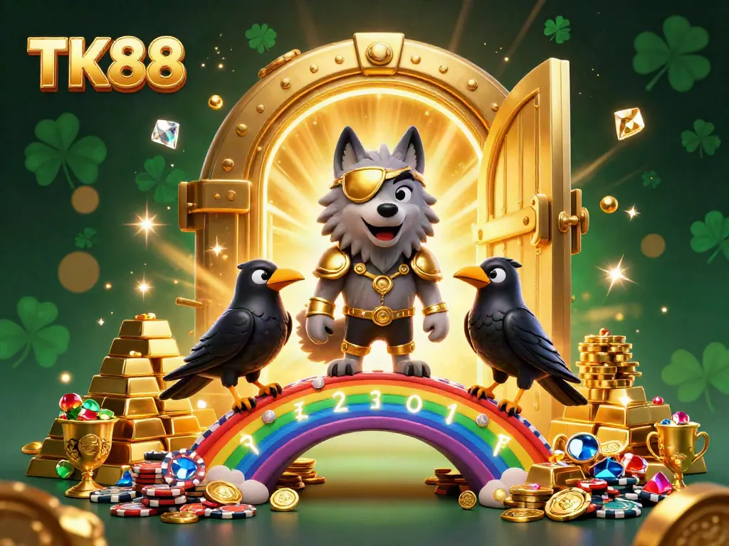 Engage in exhilarating adventures at TK88 Casino with a vibrant illustration of Odin and ravens amidst treasures.