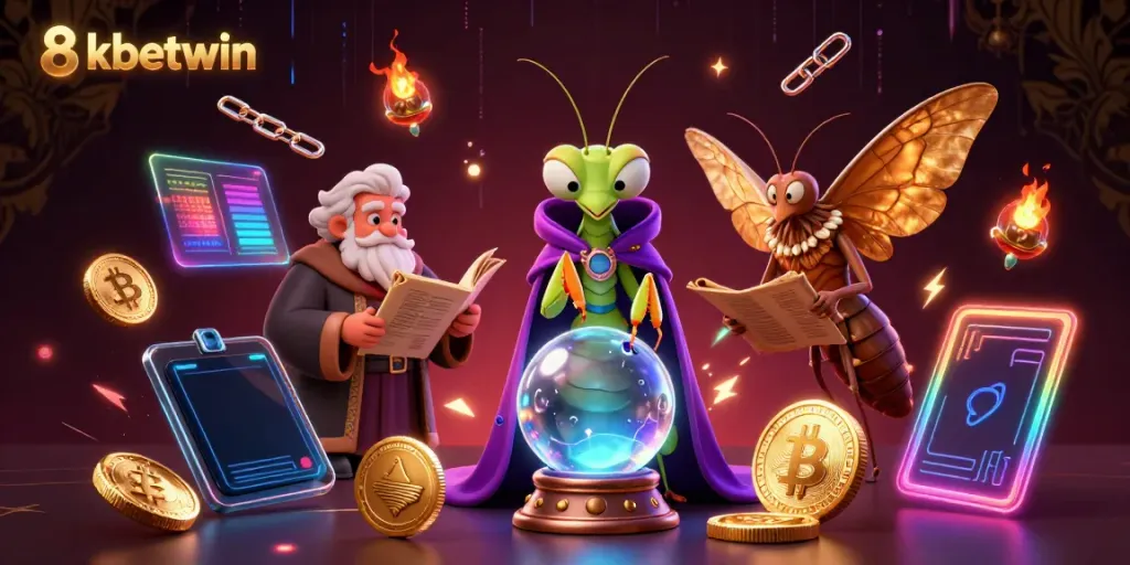 8xbetwin features a vibrant 3D fortune teller scene enhanced by crypto elements offering engaging gaming experience.