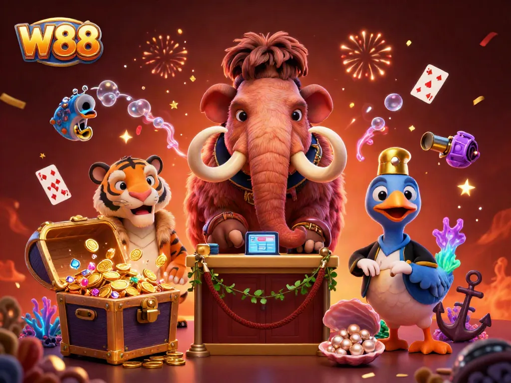 Experience the excitement of W88 with a lively game scene featuring colorful characters and casino elements.
