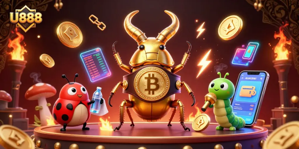 Engage with U888's thrilling gambling experience featuring unique characters in a vibrant casino backdrop.