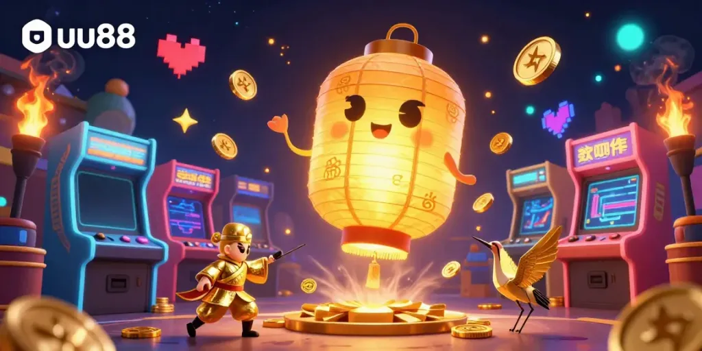 Experience the vibrant world of uu88 with a golden lantern spirit at a bustling night market casino.