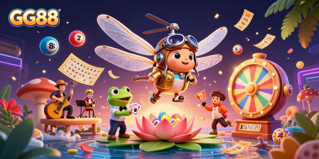 Experience GG88's vibrant gaming atmosphere with lively characters and dynamic casino elements.