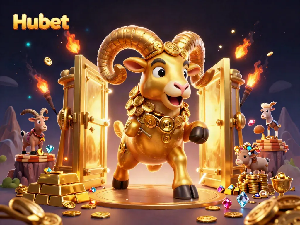 Engage with Hubet in a vibrant casino scene featuring golden elements and a charging ram.