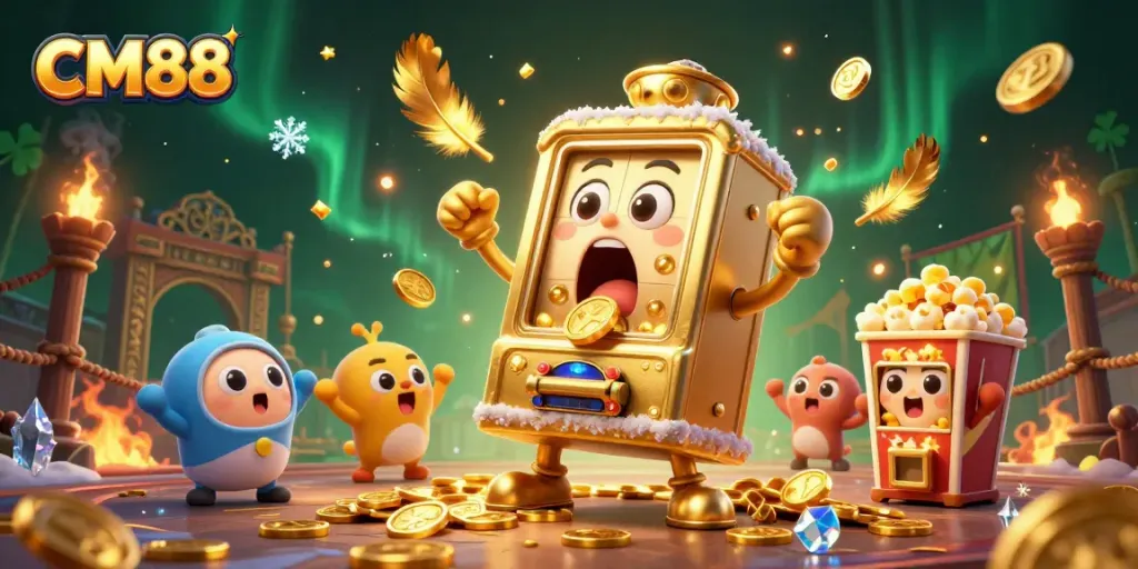 Experience excitement at CM88 with a golden slot machine hitting jackpots and surrounded by cheering mini slot machines.