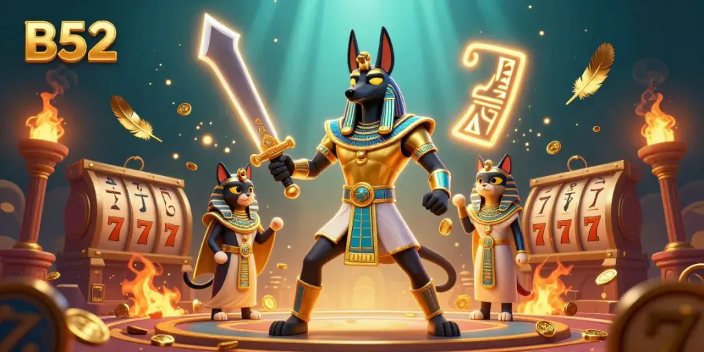 B52 gaming scene featuring Anubis and Bastet in a vibrant casino setting with slot reels and golden coins.