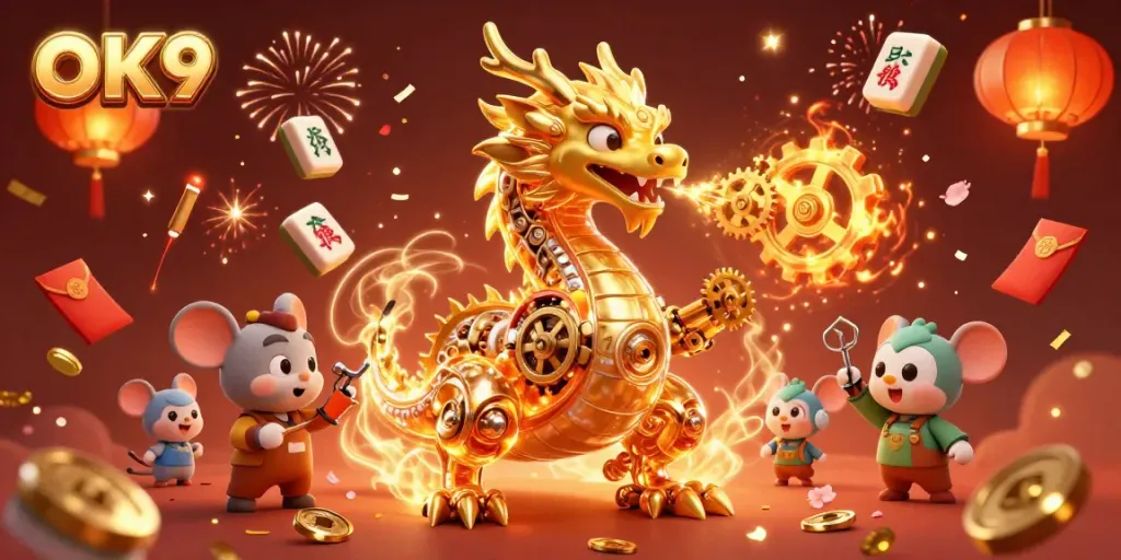 Experience thrilling gameplay with OK9's vibrant visual illustrations, featuring an engaging dragon and festive elements.