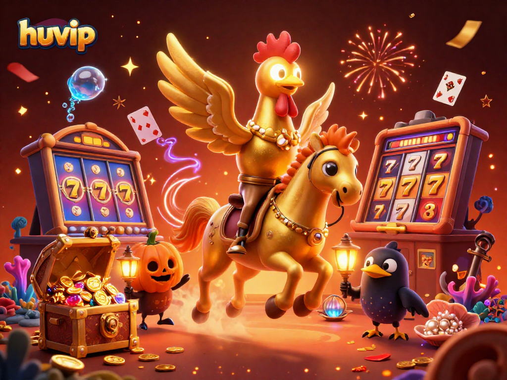 Enhance your gaming experience with huvip's vibrant casino atmosphere featuring dynamic golden rooster characters.