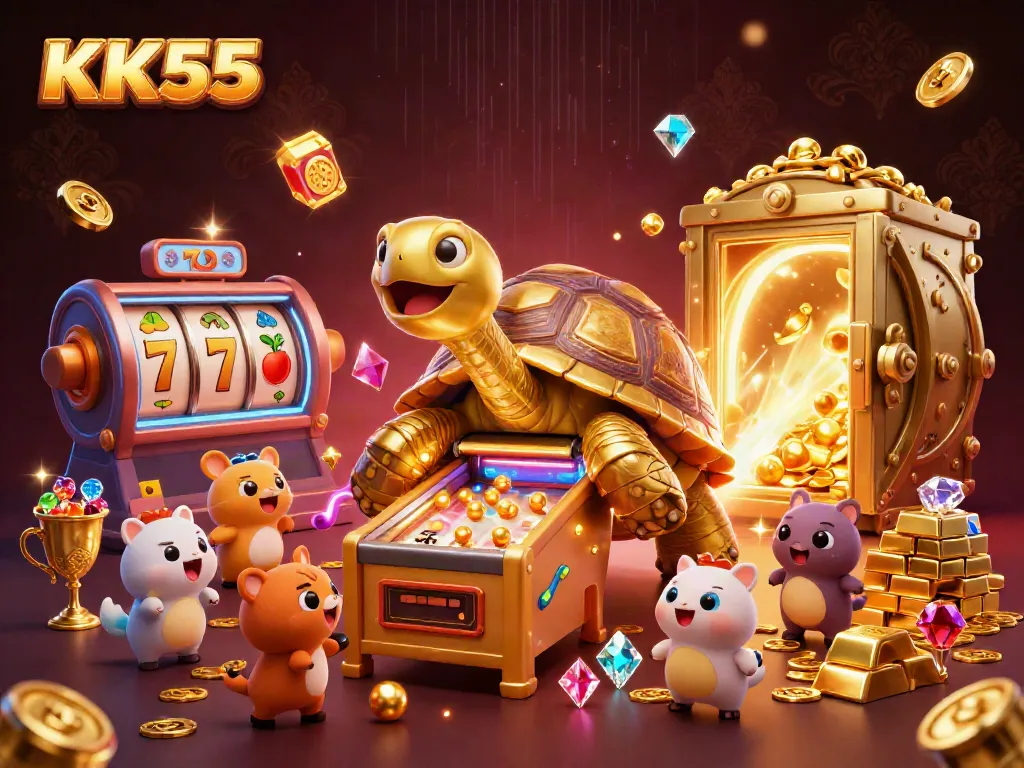 Experience the excitement at KK55 with this vibrant casino-themed 3D illustration filled with gold treasures and playful characters.