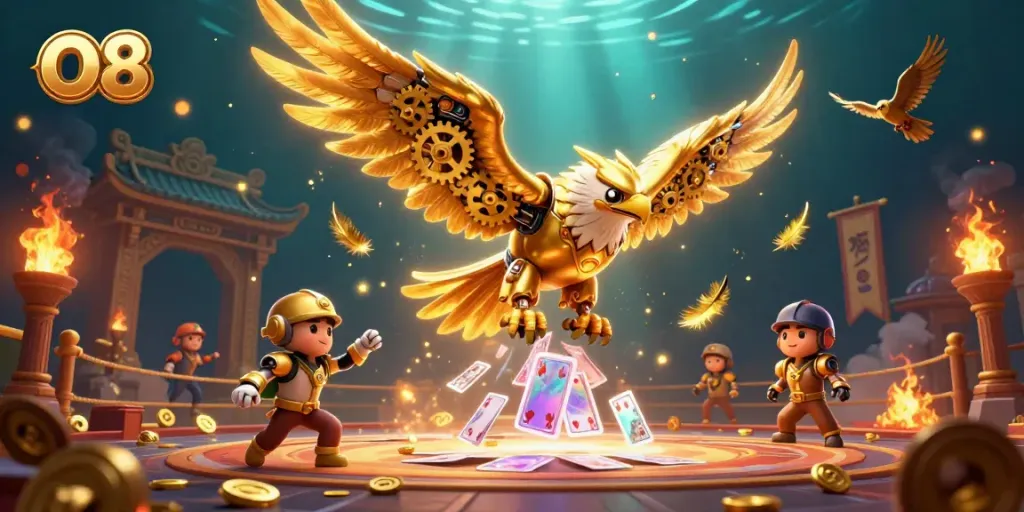 O8 showcases a vibrant 3D illustration with a golden eagle diving through playing cards, embodying luxury casino entertainment.