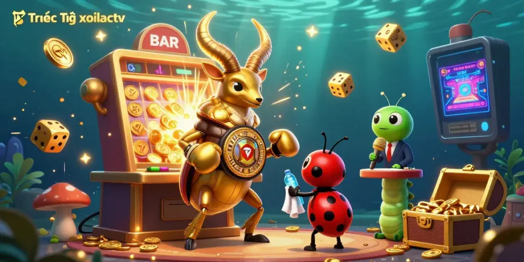 Engage with Trực Tiếp xoilactv featuring vibrant sports elements including a golden stag beetle champion, coins bursting from a slot machine, and dynamic gameplay.
