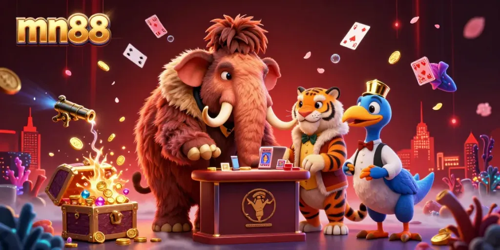 Experience vibrant casino excitement at mn88 with cartoon characters welcoming you, surrounded by treasure.