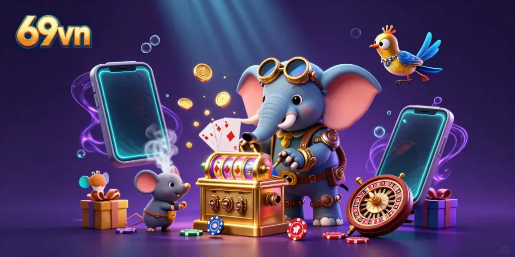 Experience the vibrant casino world with 69vn as a steampunk elephant operates a golden slot machine in colorful 3D.