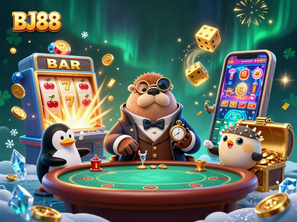 Experience the thrill of BJ88 as the jolly walrus plays cards at an underwater casino, surrounded by exciting game elements.