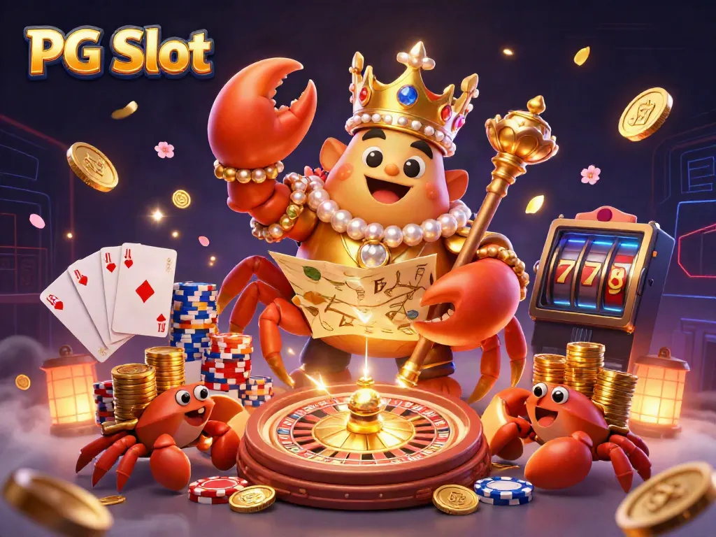 Experience PG Slot with a golden crab emperor and dynamic casino elements in vibrant 3D illustration.
