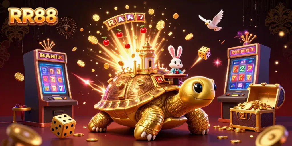 Experience the thrill of RR88 with a vibrant 3D casino scene featuring a golden tortoise and jackpot elements.