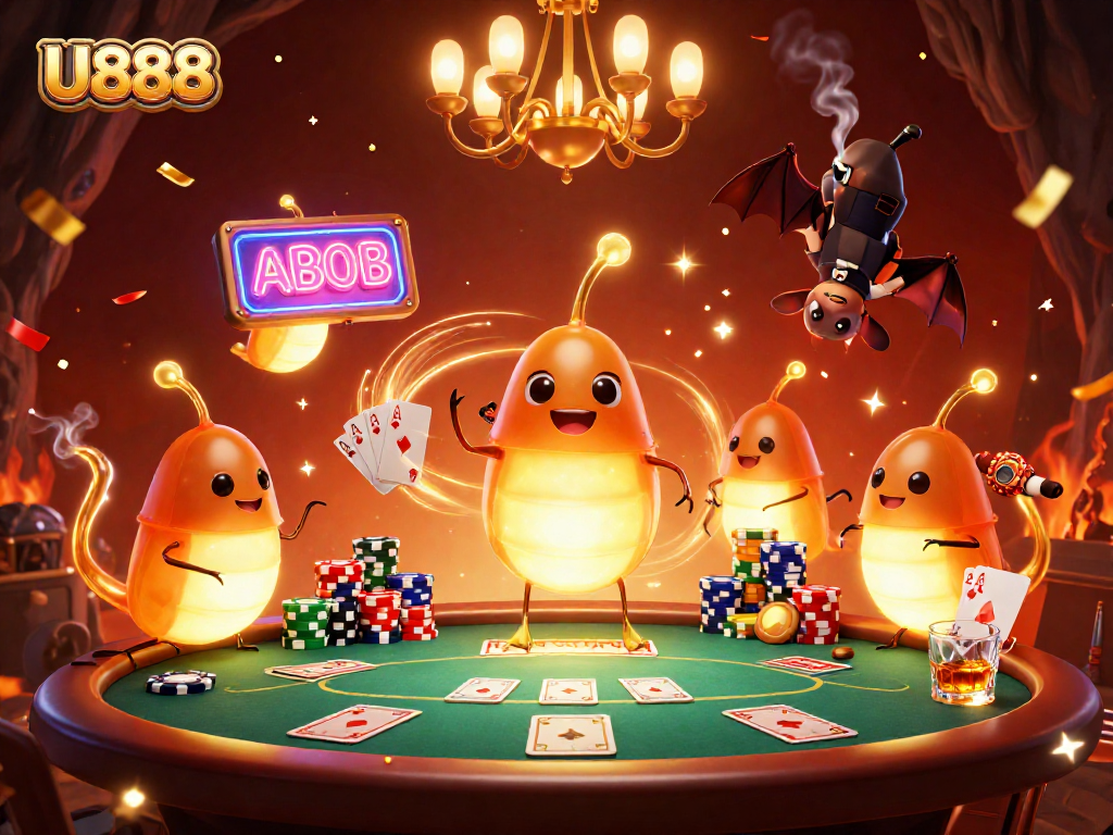 Experience the vibrant U888 casino scene with glowworms and a bat dealer in action.