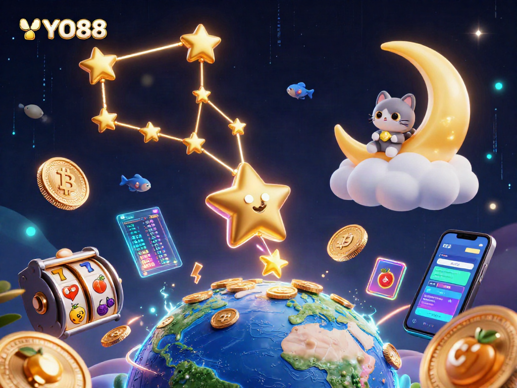 Engage with YO88's exciting slot themes featuring a golden constellation bear and vibrant game elements.