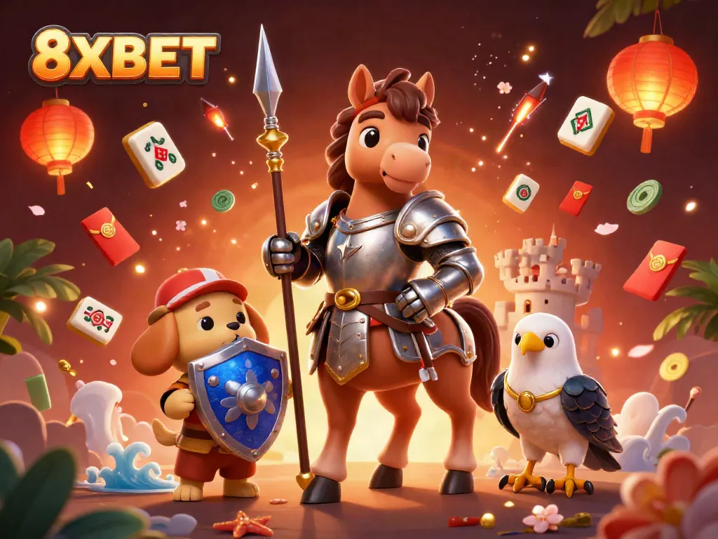 Experience excitement with 8XBET as a knight and friends showcase various gaming elements.
