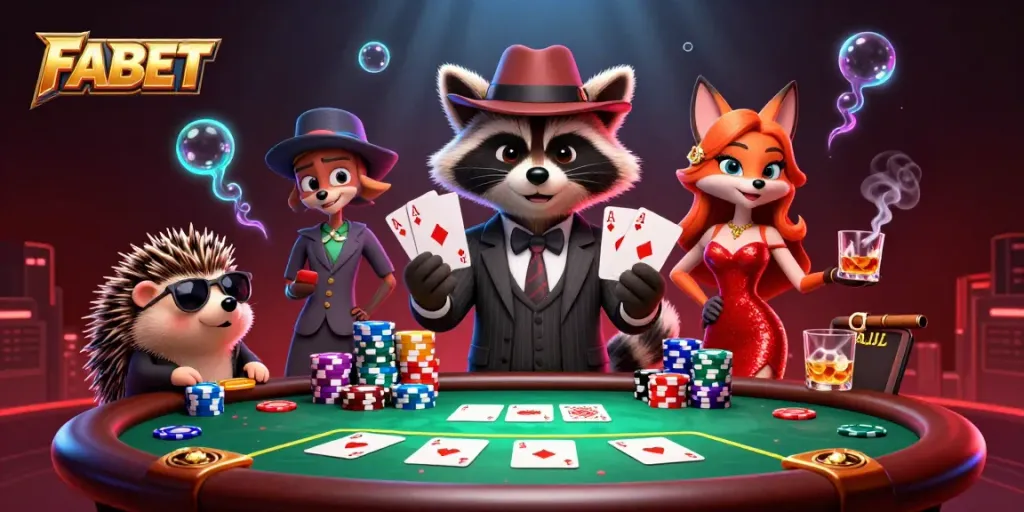 Join FABET's lively gaming scene with raccoon, fox, and hedgehog characters at a poker table.