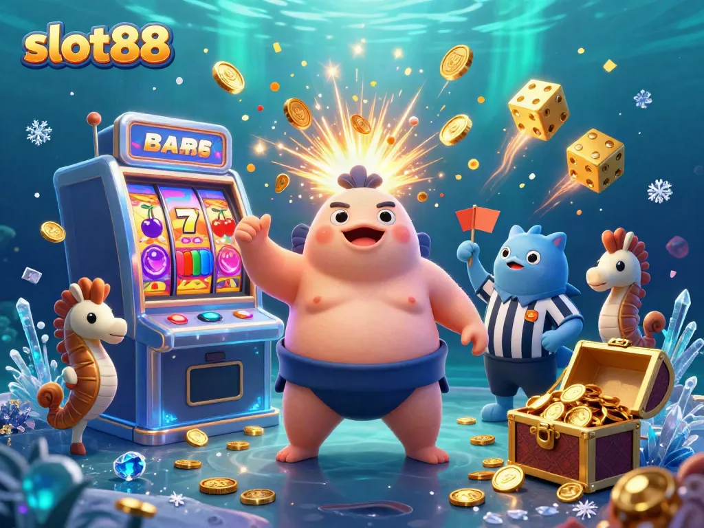 Spin the jackpot with slot88: A cartoon fugu in an underwater casino scene bursting with winning symbols.