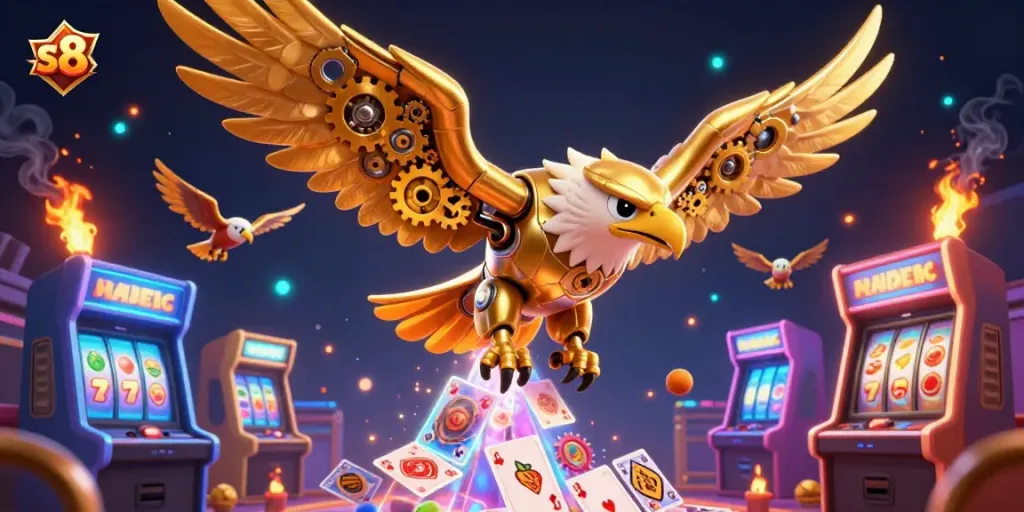 s8 offers an immersive casino adventure with flying slot reels and a golden eagle in stunning detail.