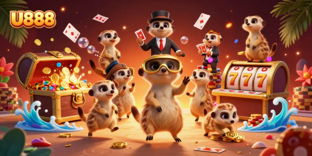 Experience thrilling gaming at U888 with meerkats managing a vibrant casino filled with colorful treasure.