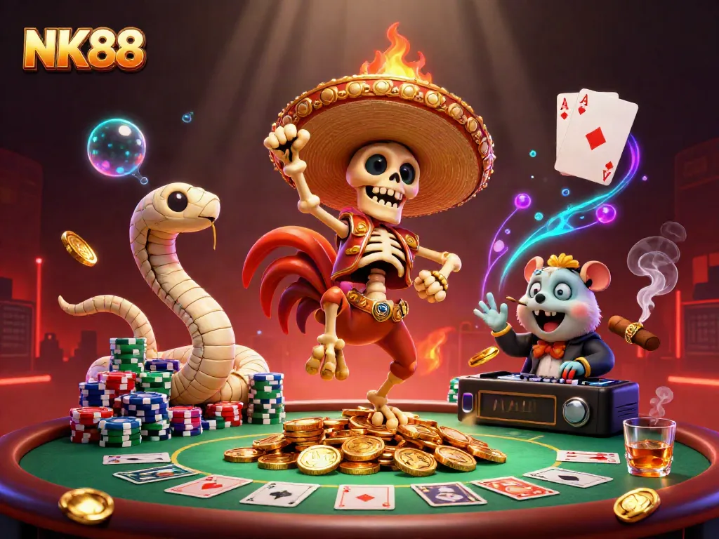 Celebrate winning at NK88 casino with a vibrant 3D scene featuring exciting gaming elements.