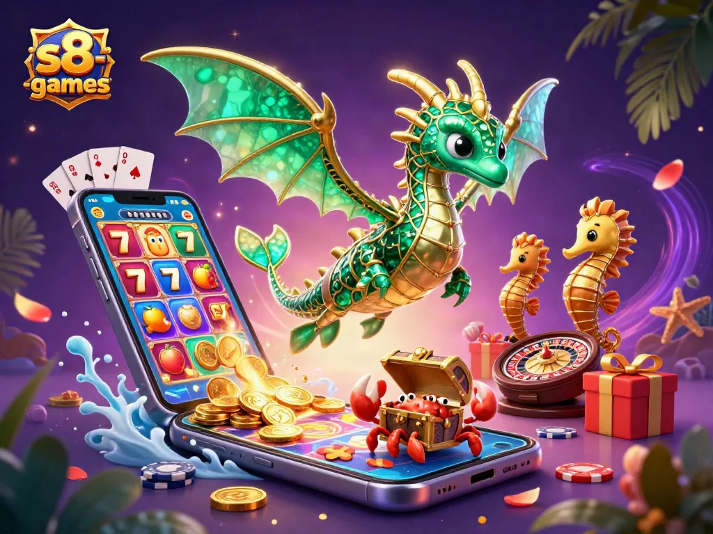 S8-games showcase vibrant slot action with a sea dragon and dynamic gaming elements.