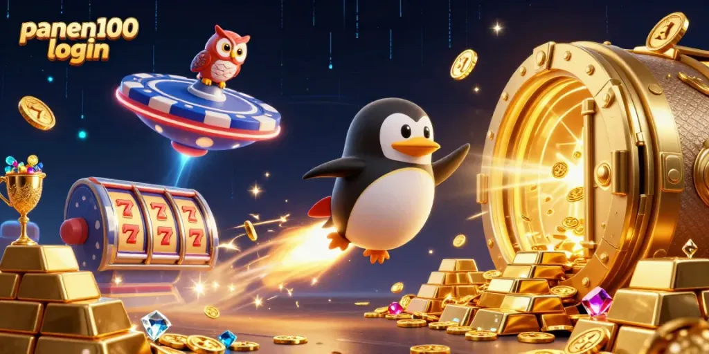 Experience the thrill of panen100 login with a golden rocket-powered penguin amidst dazzling casino elements.