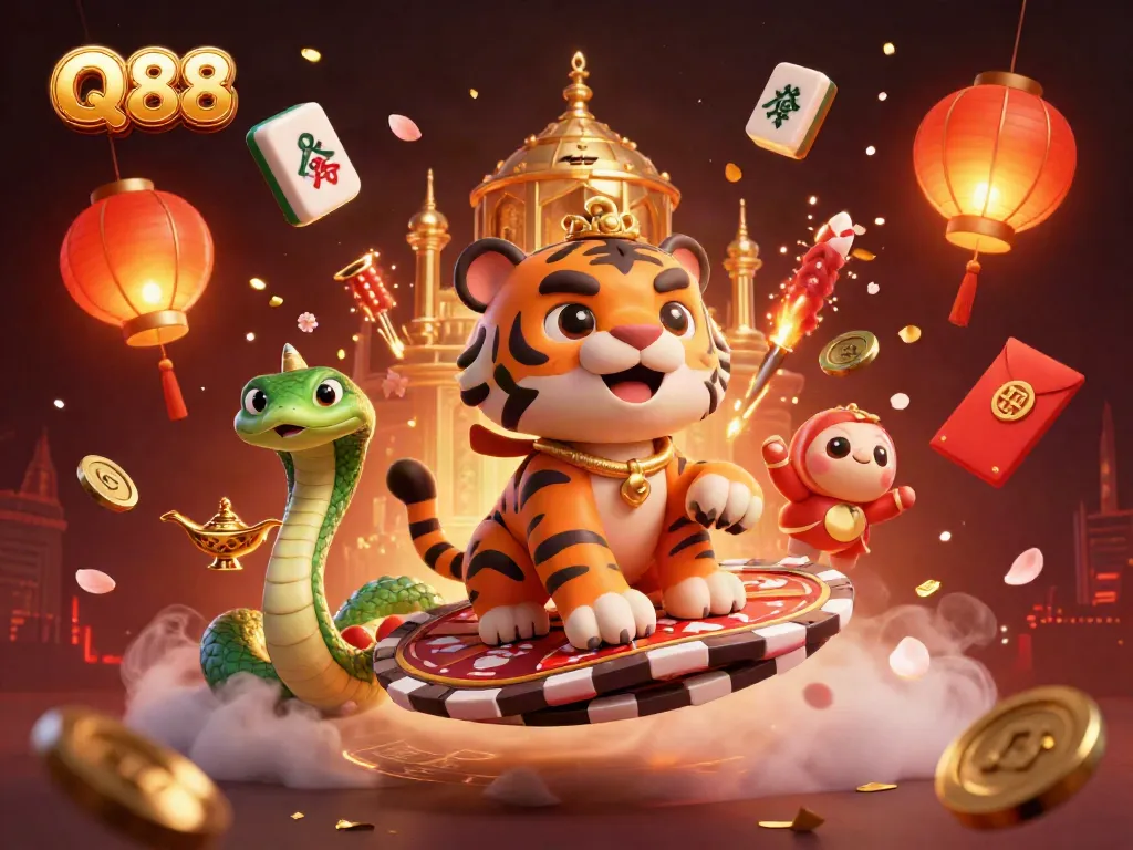 Experience excitement with Q88 in an engaging casino-themed scene featuring vibrant illustrations and energetic elements.