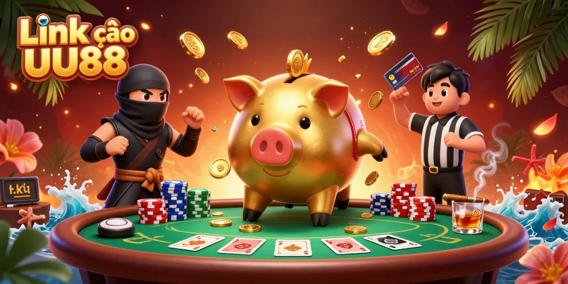 Link vào UU88 showcases an epic showdown with a golden piggy bank sumo wrestler and gaming elements.